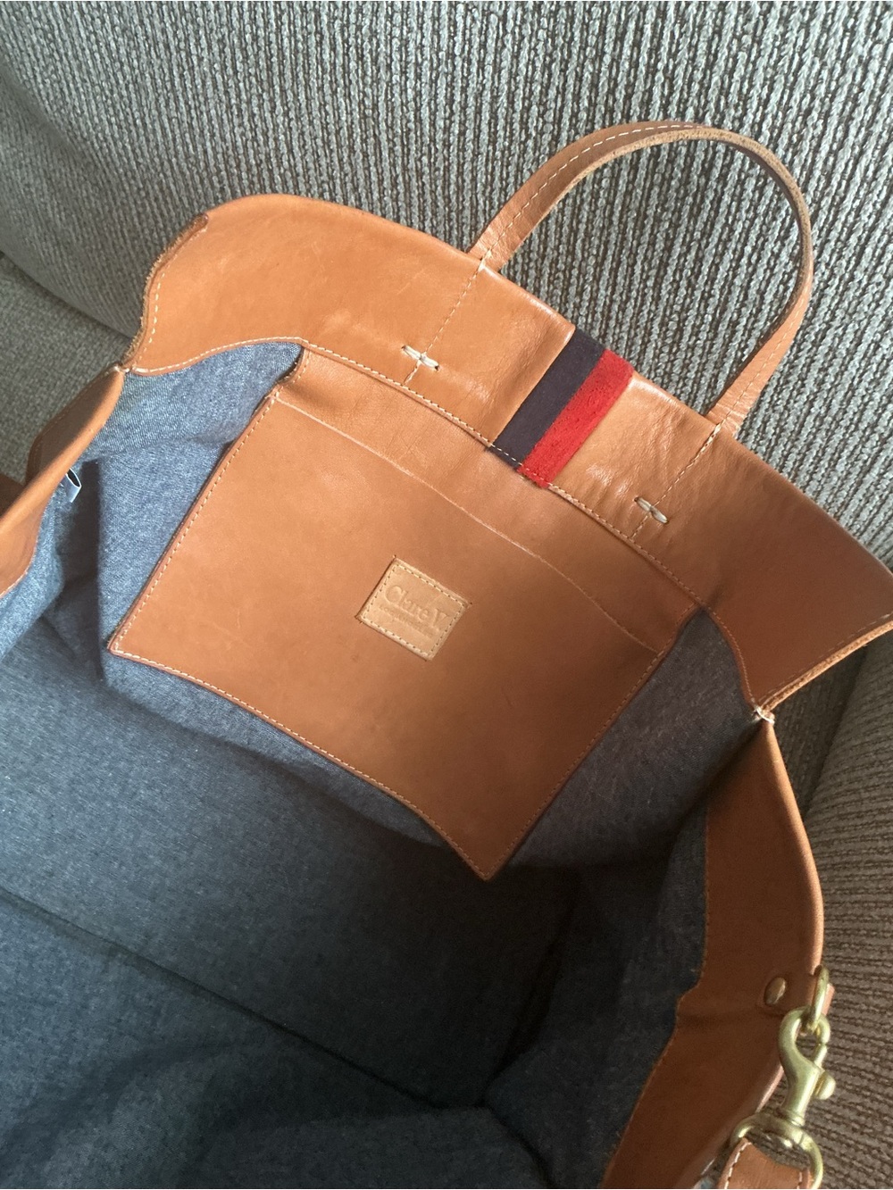 Clare V Tan Leather Tote with Red and Brown Stripe - Picture 4 of 12
